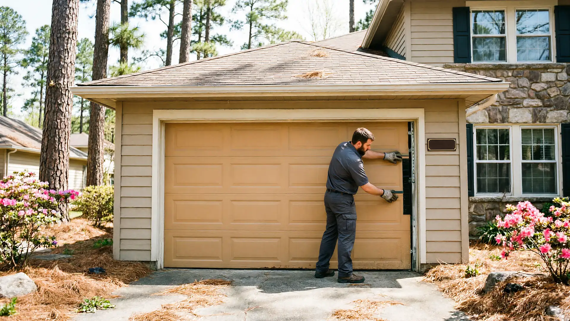 A technician works on a tan garage door on a house with stone siding.