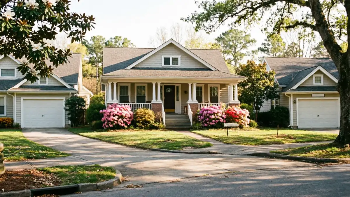 A light-colored house with a porch and two white garage doors sits between two other houses.
