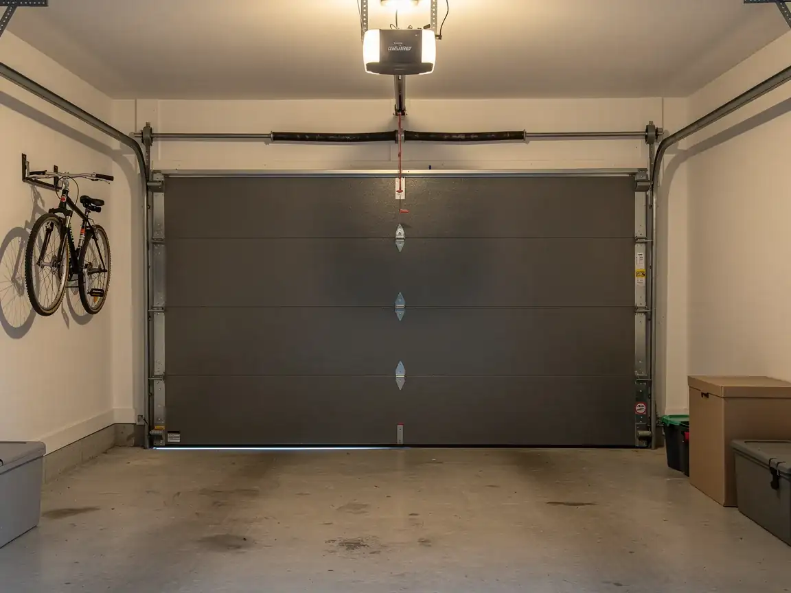 A closed gray garage door with an opener, torsion spring, and a bicycle on the wall.